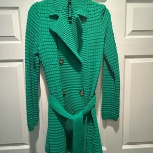 Ann Taylor Womens Green Ribbed Knit Long Cardigan Sweater with Belt
